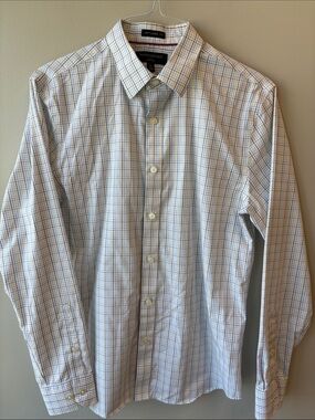 Banana Republic Factory White Dress Shirt with Blue and Yellow Windowpane Plaid